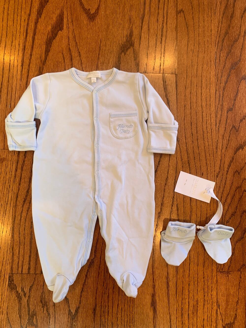 Harrods "Harrods Baby' Embroidered Onesie Pajamas & Booties | Light Blue | 0-3M